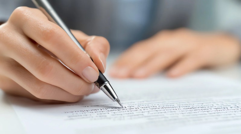 Hand signing a formal document with a pen, representing professional agreements and client protections.