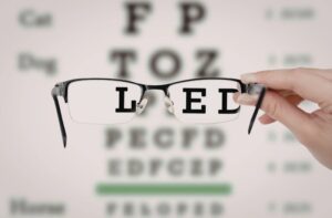 Eyeglasses held in front of an eye chart, bringing a few letters into sharp focus while the rest stays blurred, suggesting a shift from confusion to clarity.