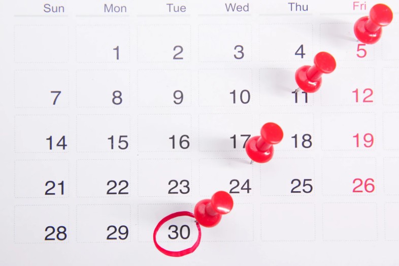 A monthly calendar with several dates marked by red push pins and the 30th circled in red.