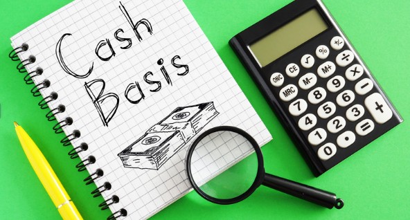 Notebook reading "Cash Basis" with a hand-drawn stack of cash, next to a calculator and magnifying glass on a green background
