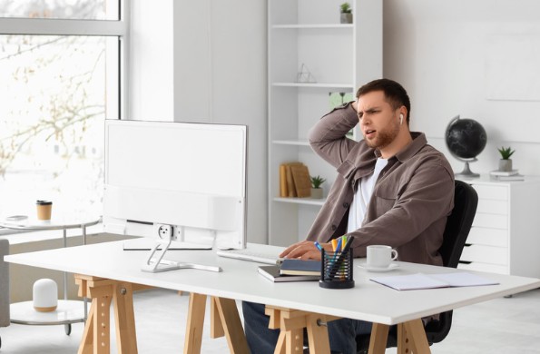 A frustrated man sitting at a office desk, hand on his head, staring at a computer monitor with a confused expression