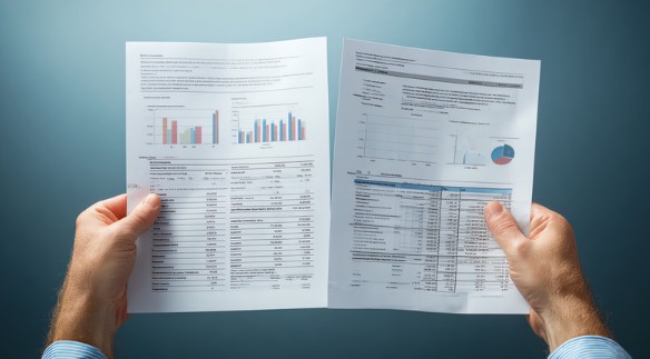 Hands holding two printed financial reports with charts and data tables side by side against a blue background.